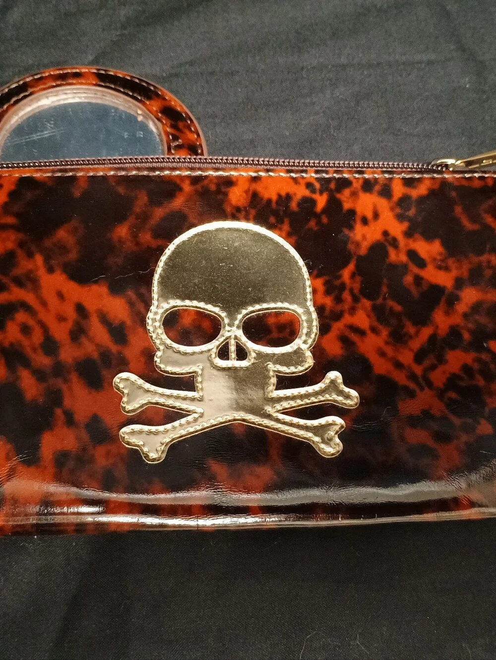 LOLO Tortoise Shell Patent Leather Makeup Pouch W/ Applique Gold Skull & Mirror